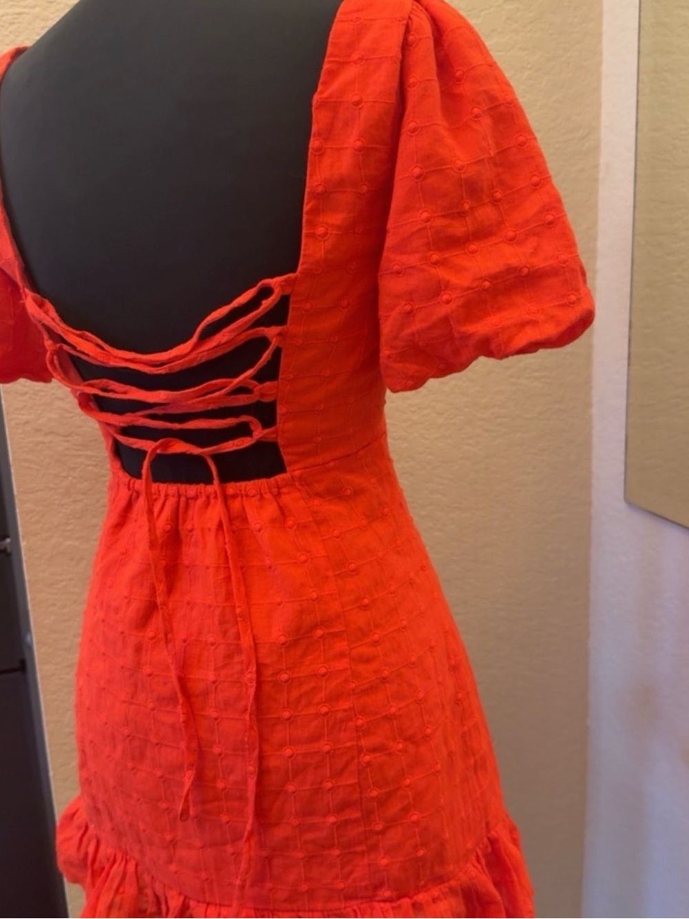 Square Neck Red Orange Puff Sleeve Mini Dress - Picture 13 of 16